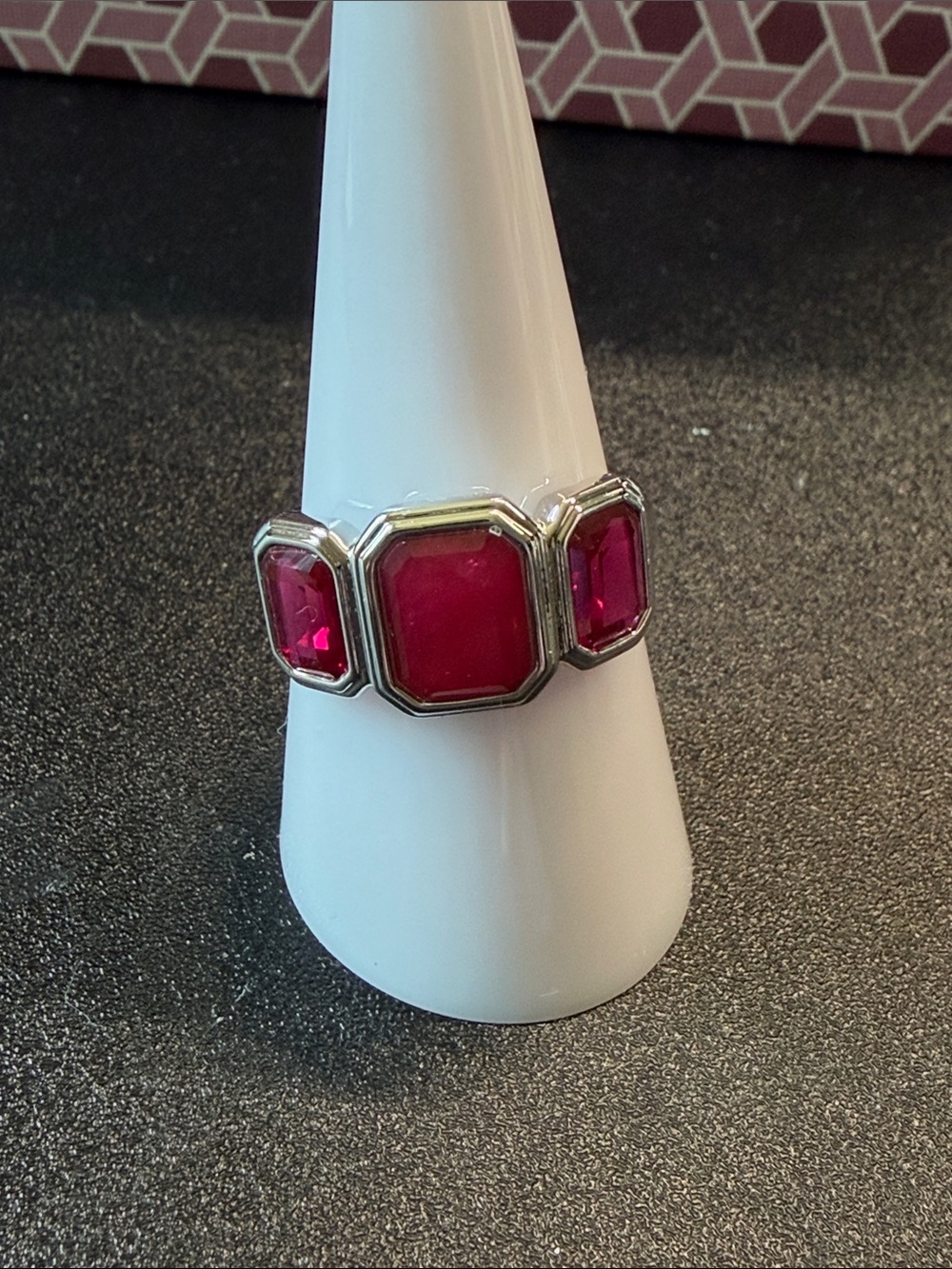 Silver-Tone Ring with Three Fuchsia Stones - Women's Fashion Ring